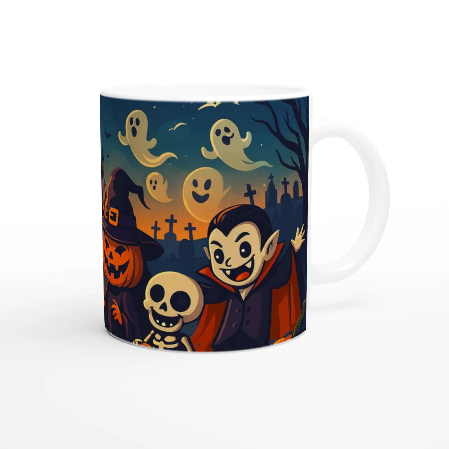 Cană ceramică 325ml cu design Halloween Trick-or-Treat, vedere laterală cu mânerul în dreapta pe fundal alb