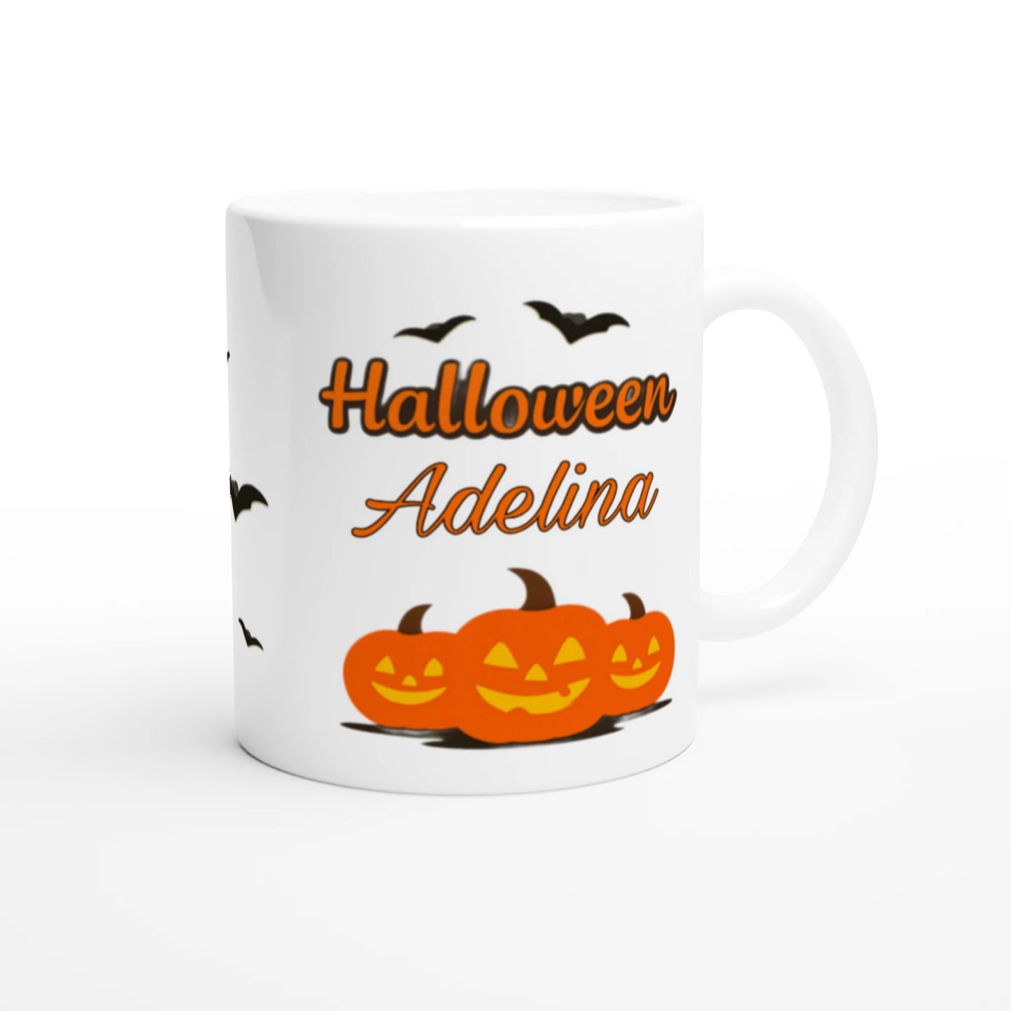 Cană Halloween personalizată cu numele Adelina, ceramică 325ml, vedere laterală dreapta
