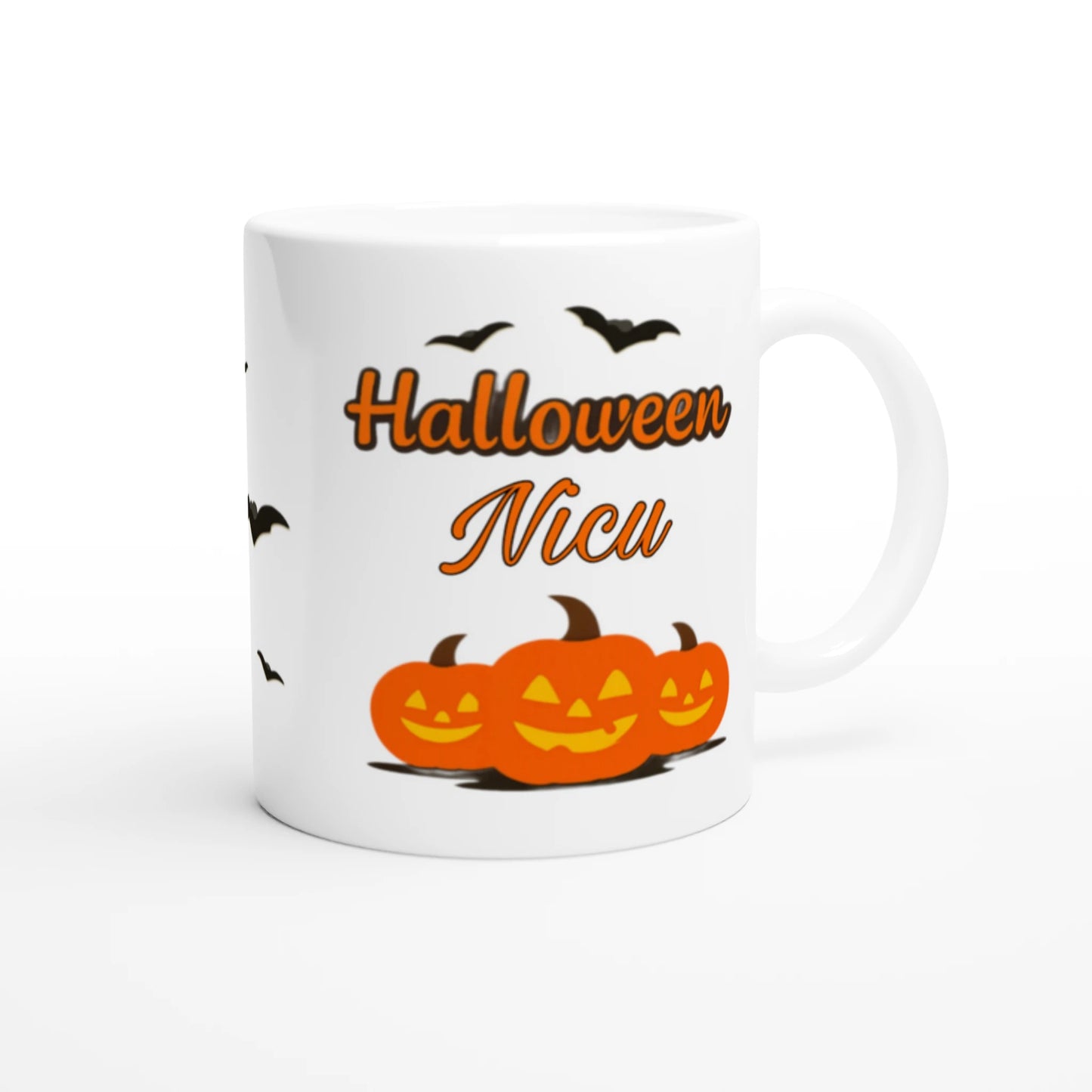 Cană Halloween personalizată cu numele Nicu, ceramică 325ml, vedere laterală dreapta
