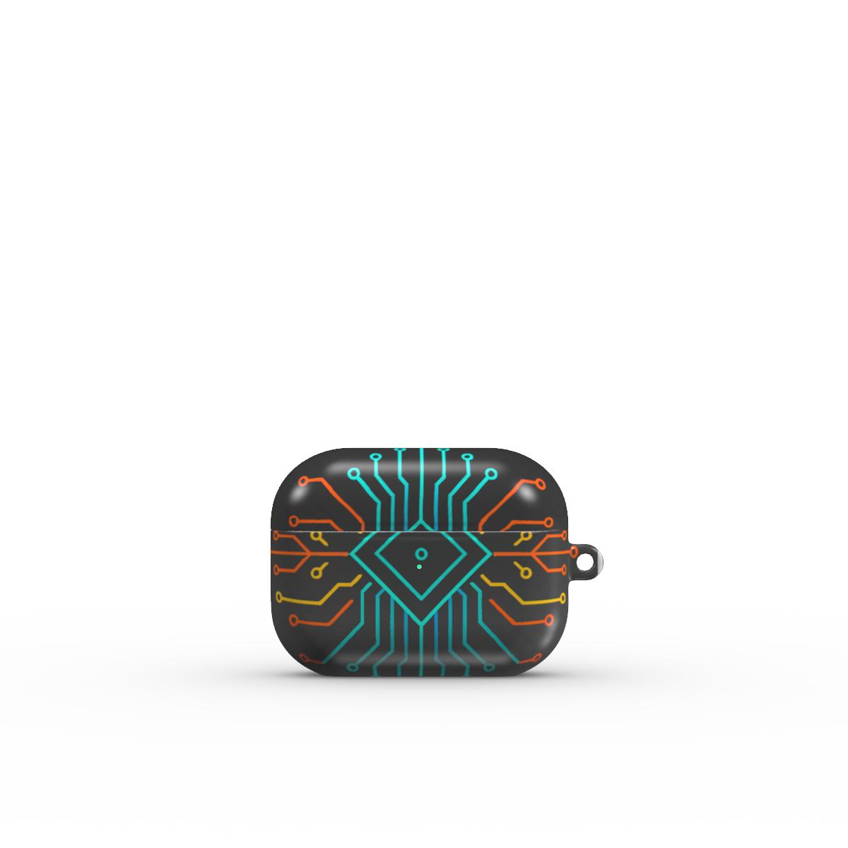 Carcasă ultra-rezistentă pentru AirPods Pro, vedere spate, design tech cu circuite și culori vibrante