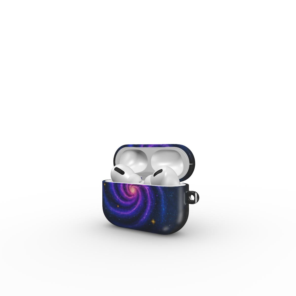 Carcasă ultra-rezistentă pentru AirPods Pro, vedere față, design cosmic mov cu galaxii și stele