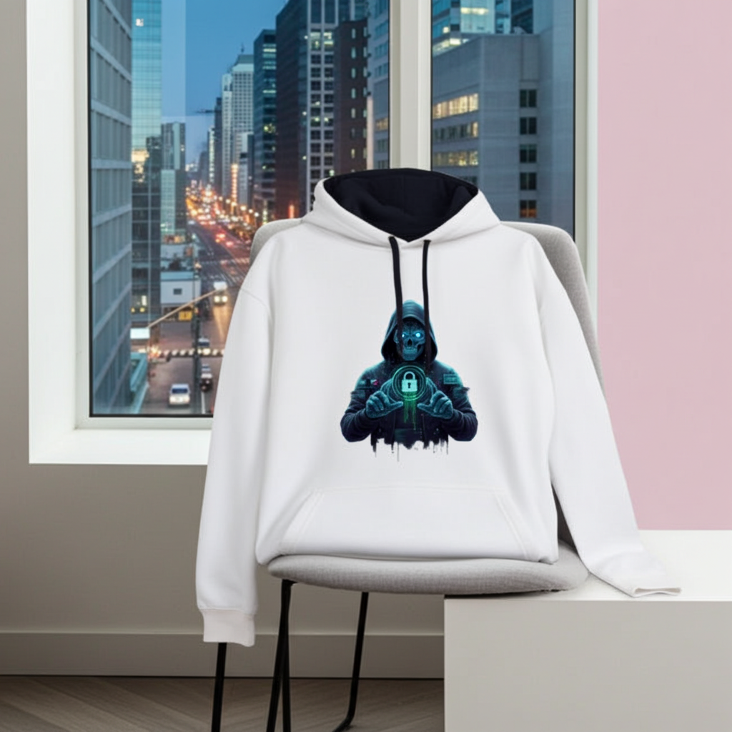 Detaliu print Cyber Skull pe Hanorac JH003, textură cotton-faced și contur neon