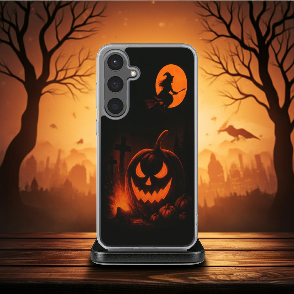 Husă Clear Samsung Galaxy – vedere din spate cu dovleac luminat și lună plină