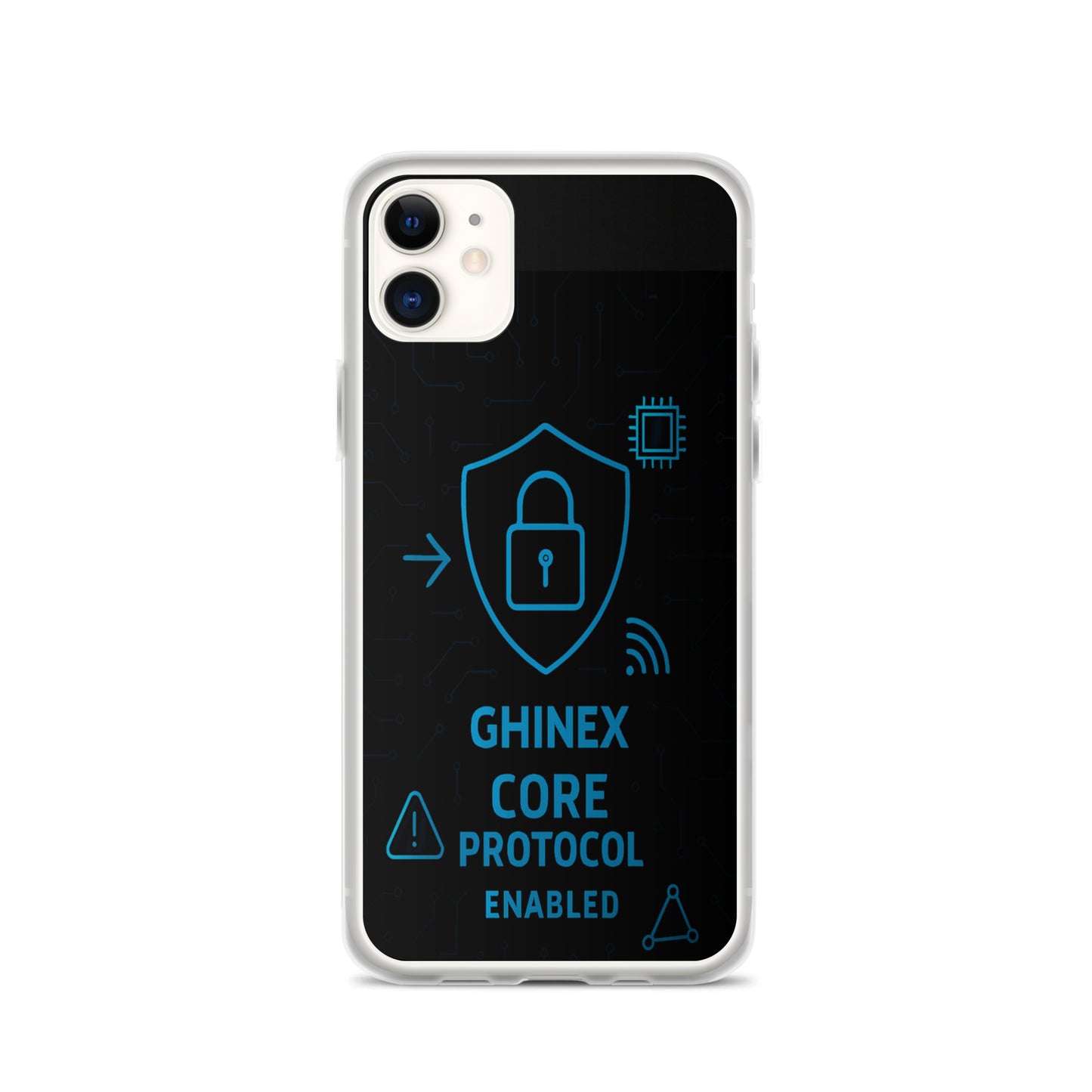 Husă iPhone GHINEX Core Protocol, vedere spate, design abstract pe fundal alb