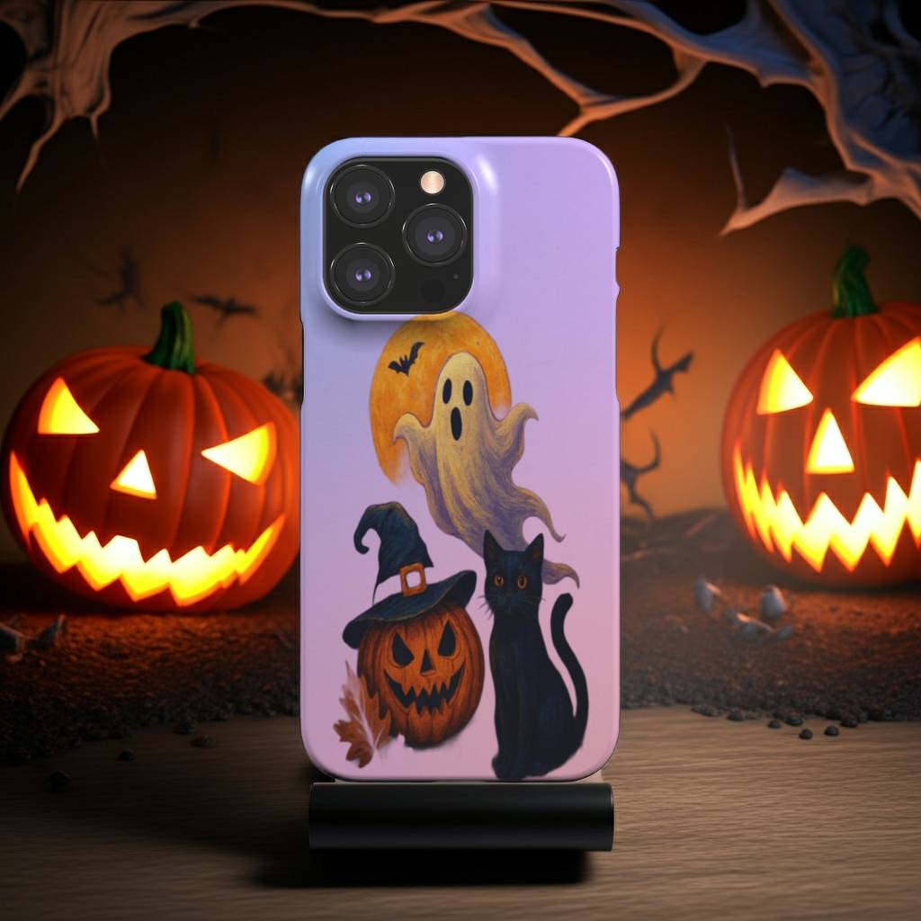 Husă Snap Huawei P40 – vedere din spate cu pisică, dovleac și fantomă