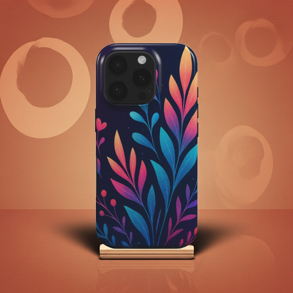 Husă Tough OnePlus cu design floral stilizat în culori neon pe fundal închis, vedere spate pe telefon pe fundal alb