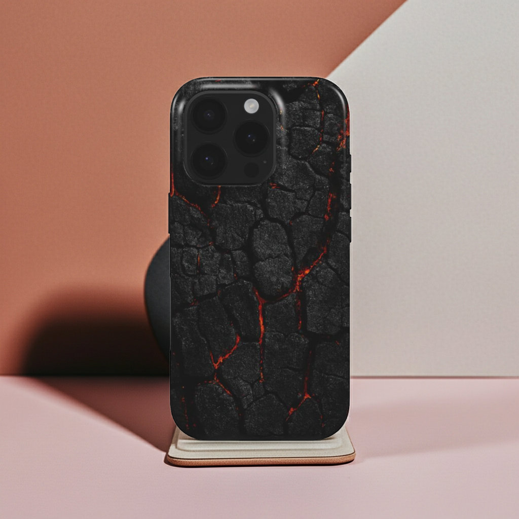 Husă Tough OnePlus cu design textură arsă incandescentă, vedere spate pe telefon pe fundal alb