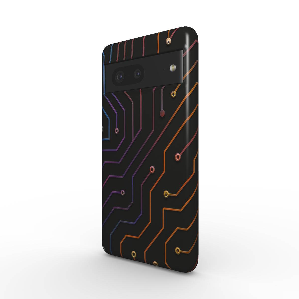 Husă Tough Pixel 7, vedere față, design tech cu circuite electronice colorate