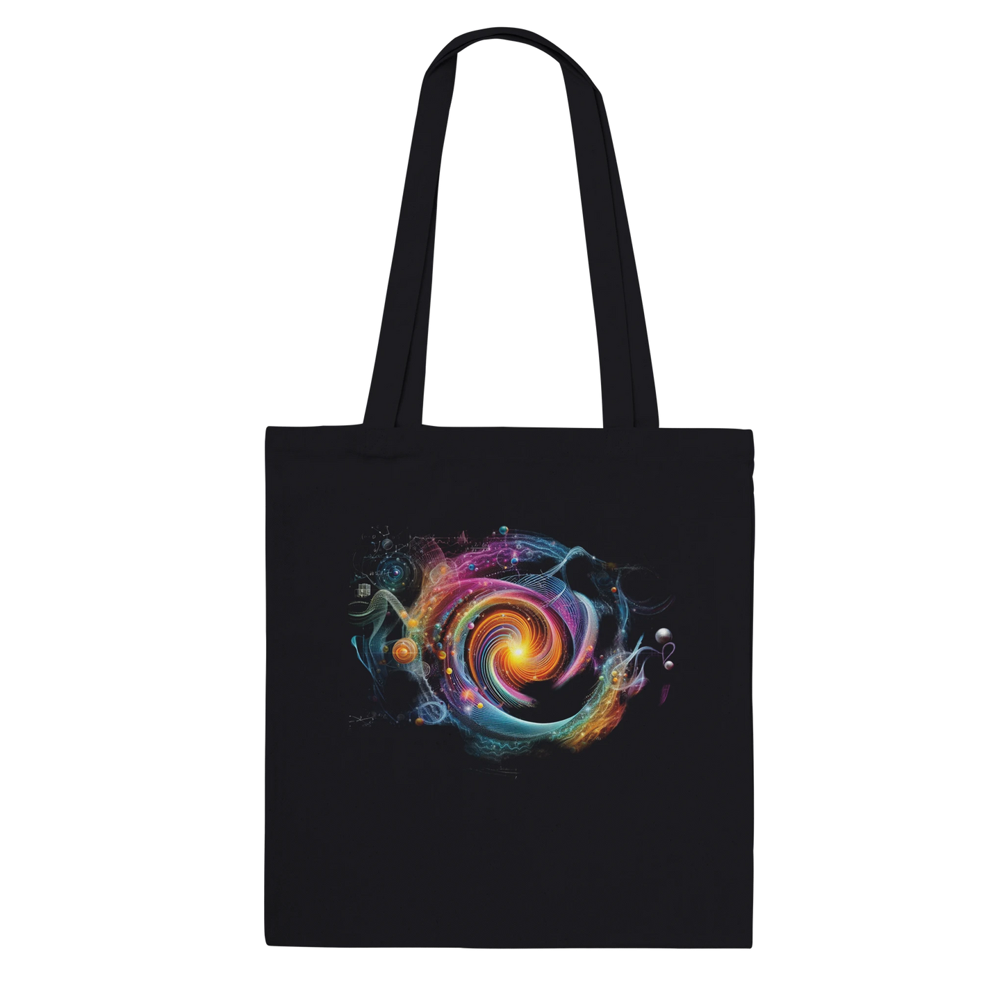 Tote bag din bumbac 100% cu design abstract cosmic Quantum Vibes, vedere spate
