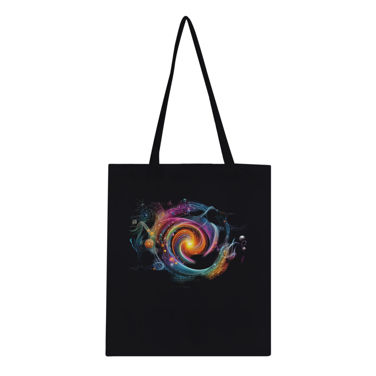 Tote bag din bumbac 100% cu design abstract cosmic Quantum Vibes, vedere față