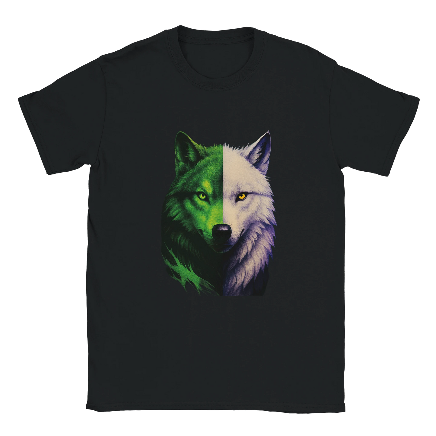 Tricou clasic unisex negru Gildan 64000 din bumbac 100% cu design lup hibrid