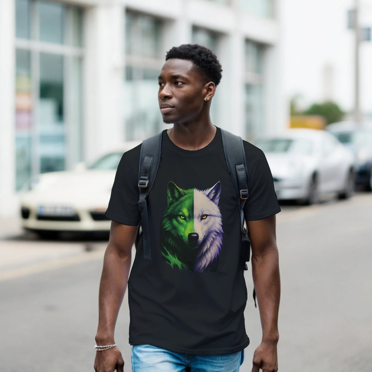 Tricou clasic unisex negru cu lup hibrid, purtat de model băiat, vedere frontală