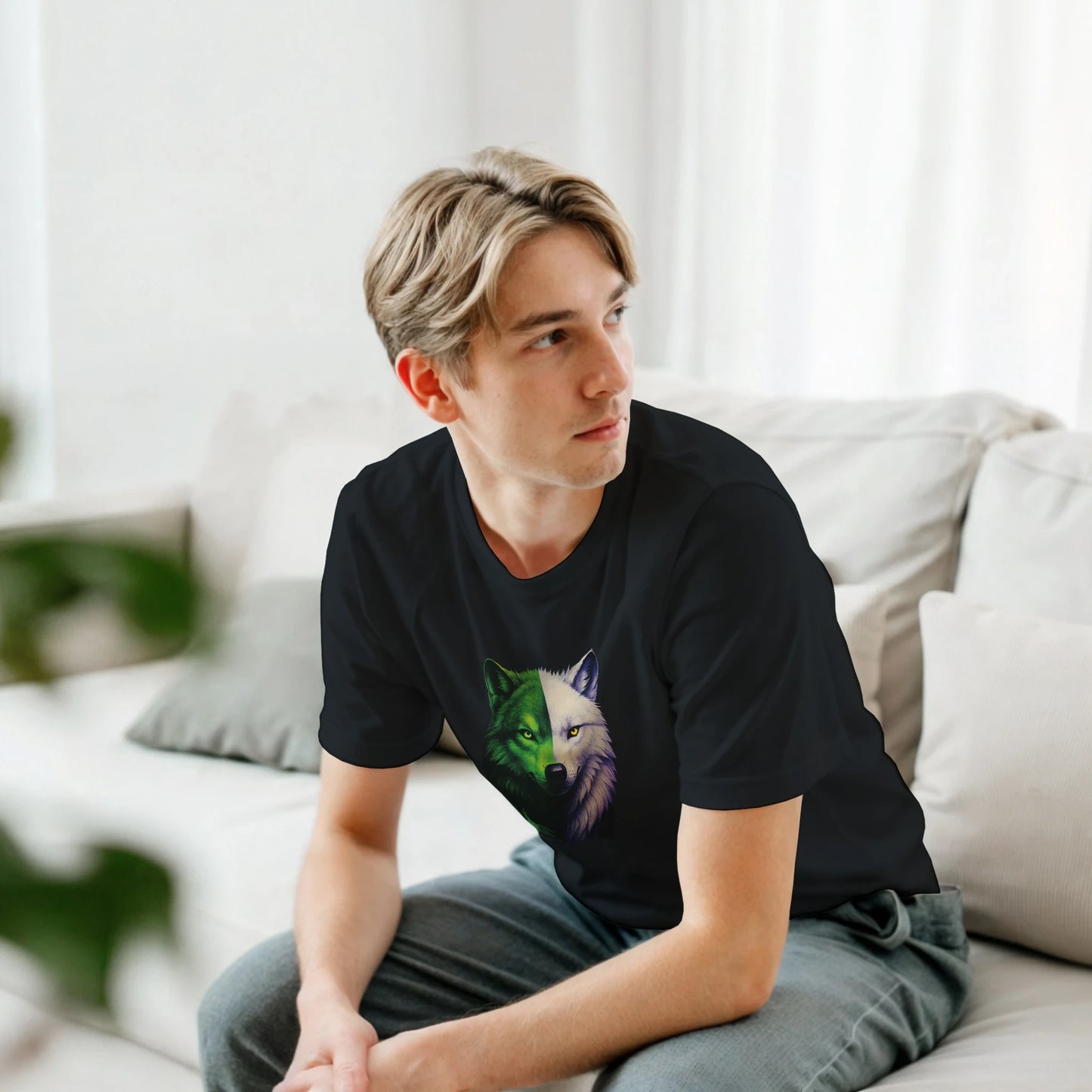 Tricou clasic unisex negru cu lup hibrid, purtat de model băiat, vedere laterală