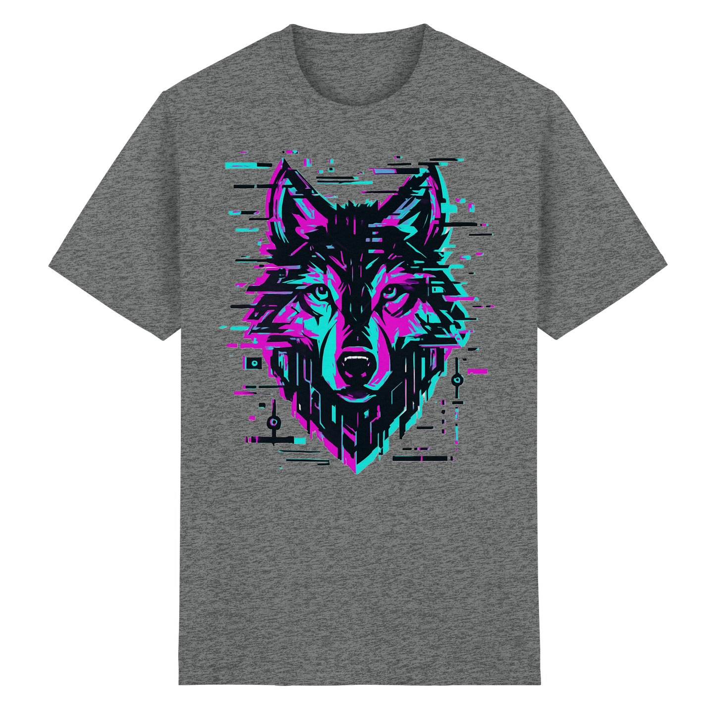 Tricou Heavy Cotton Gildan 5000 graphite heather cu design lup hibrid geometric neon, vedere frontală pe fundal alb