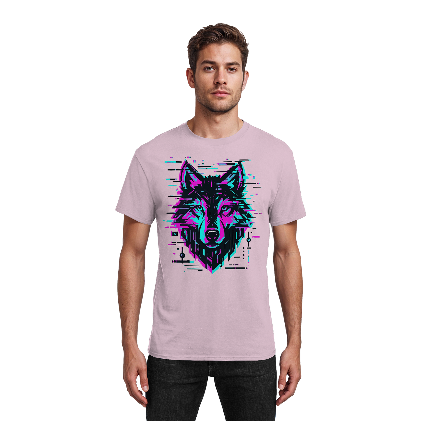 Tricou Heavy Cotton Gildan 5000 light pink cu design lup hibrid geometric neon, purtat de model