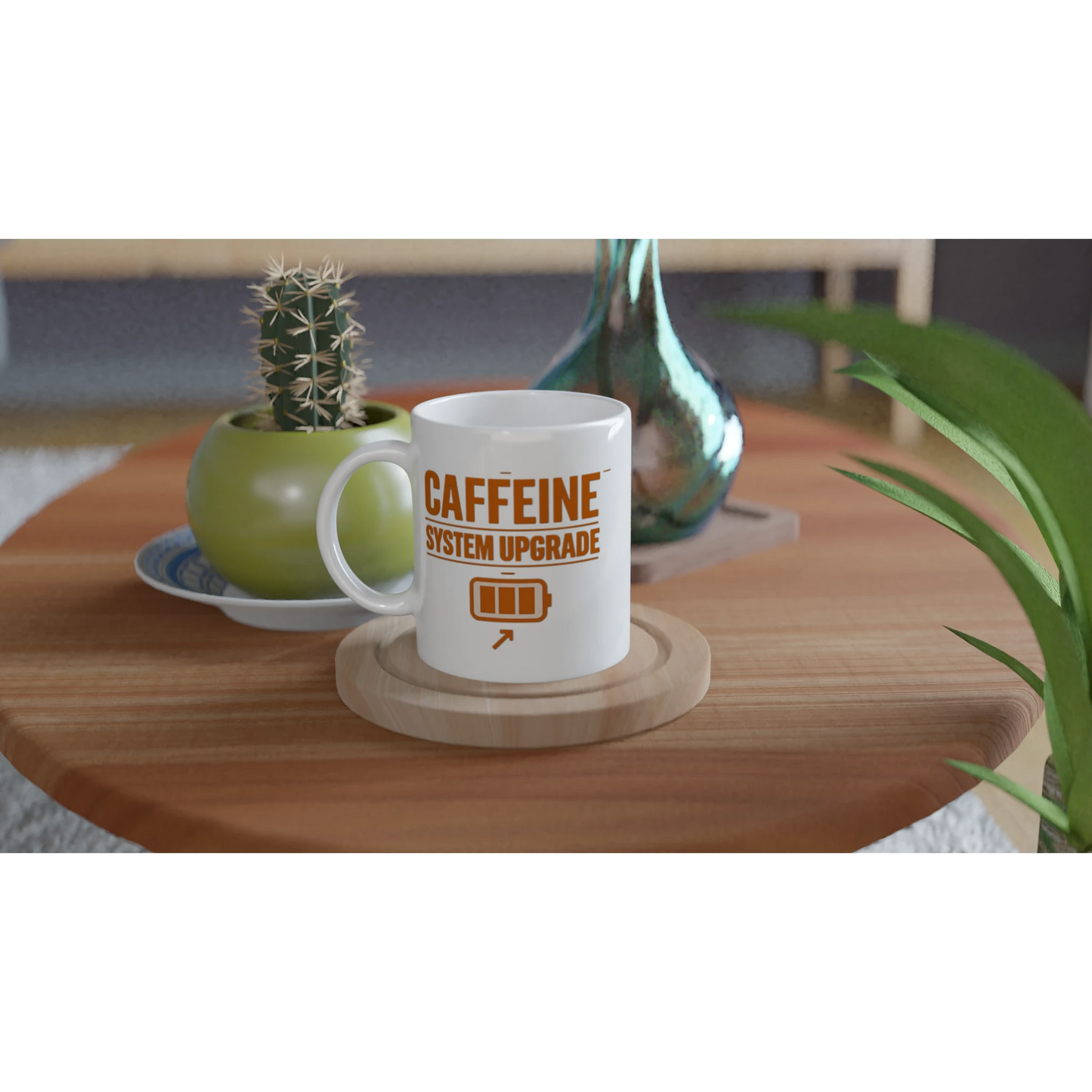 Cană ceramică 325ml „Caffeine system upgrade” – vedere pe birou