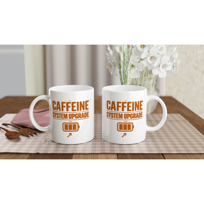 Două căni ceramice 325ml „Caffeine system upgrade” alăturate – design text cu baterie