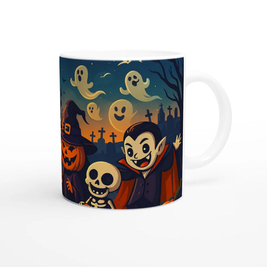 Cană ceramică 325ml cu design Halloween Trick-or-Treat, vedere laterală cu mânerul în dreapta pe fundal alb