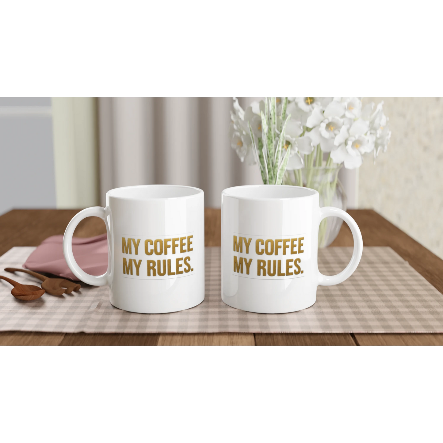 Două căni ceramice 325ml „My coffee My rules.” alăturate – design text