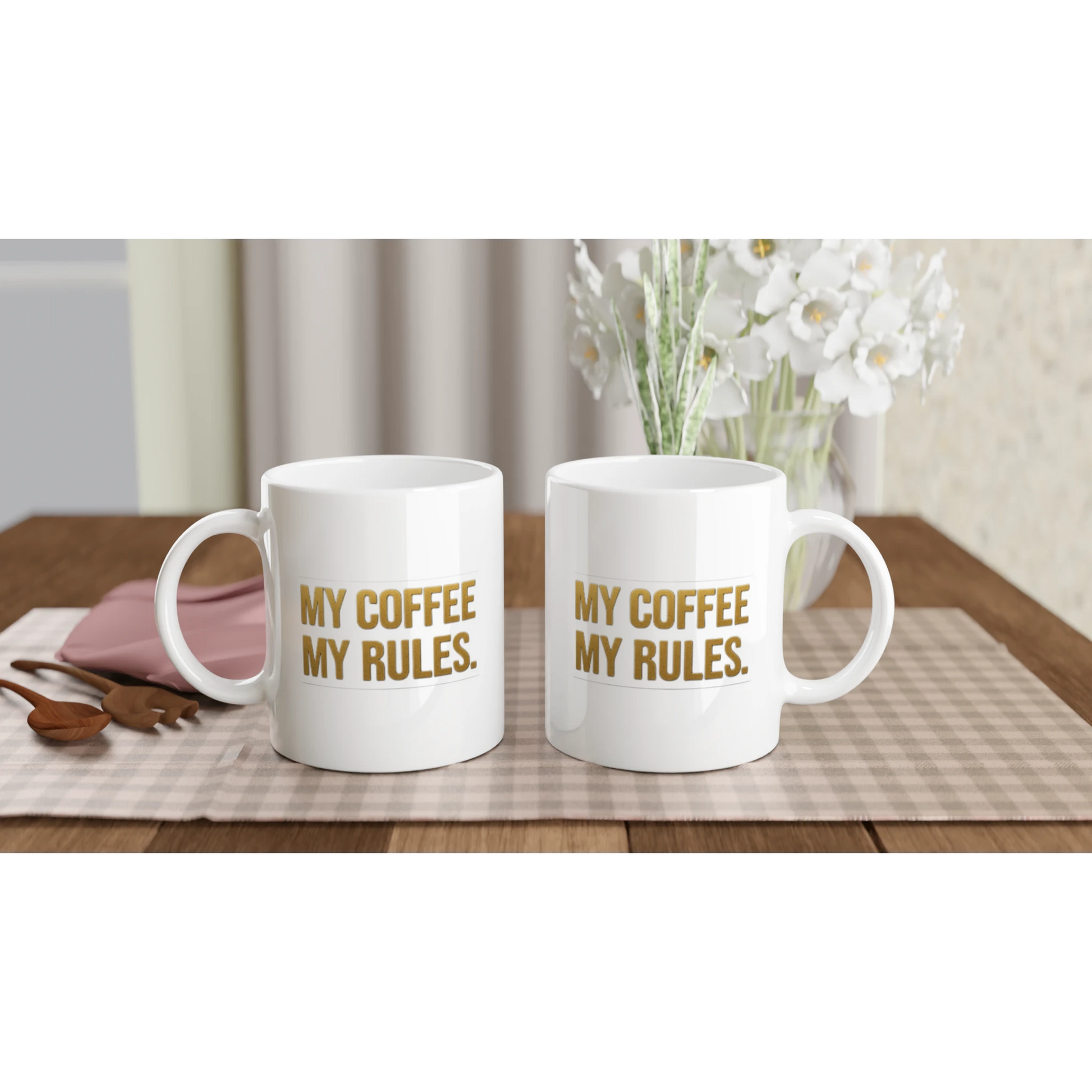 Două căni ceramice 325ml „My coffee My rules.” alăturate – design text