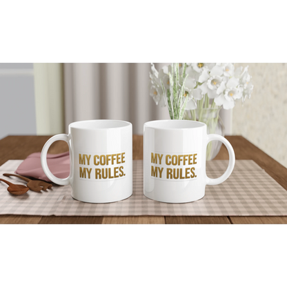 Două căni ceramice 325ml „My coffee My rules.” alăturate – design text