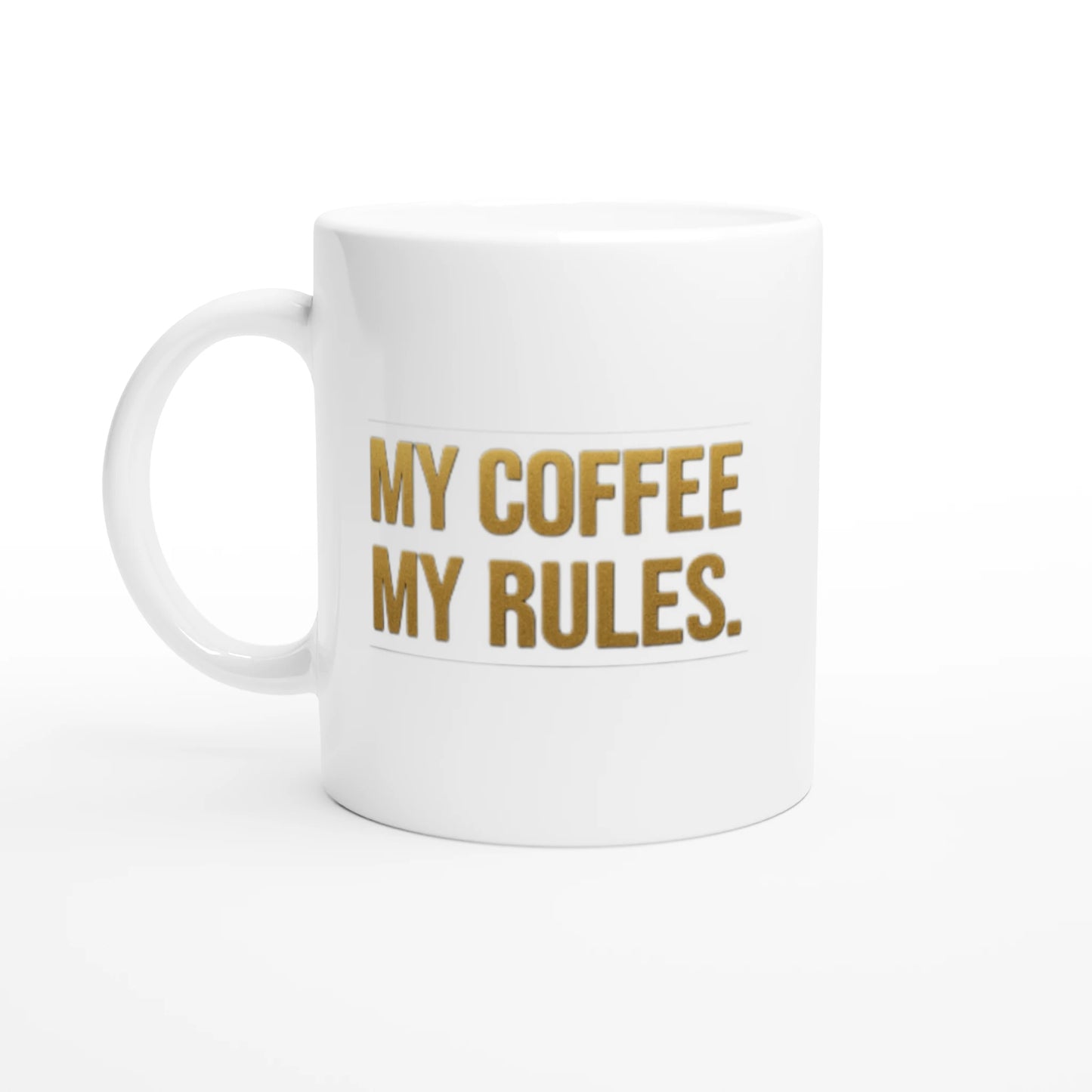 Cană ceramică 325ml „My coffee My rules.” – vedere cu mânerul spre stânga pe fundal alb