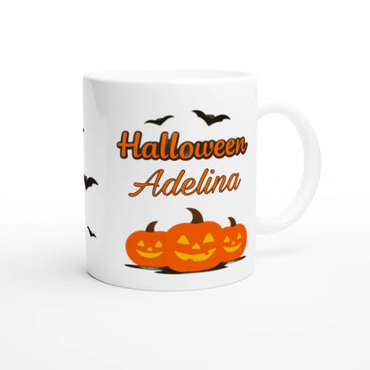 Cană Halloween personalizată cu numele Adelina, ceramică 325ml, vedere laterală dreapta