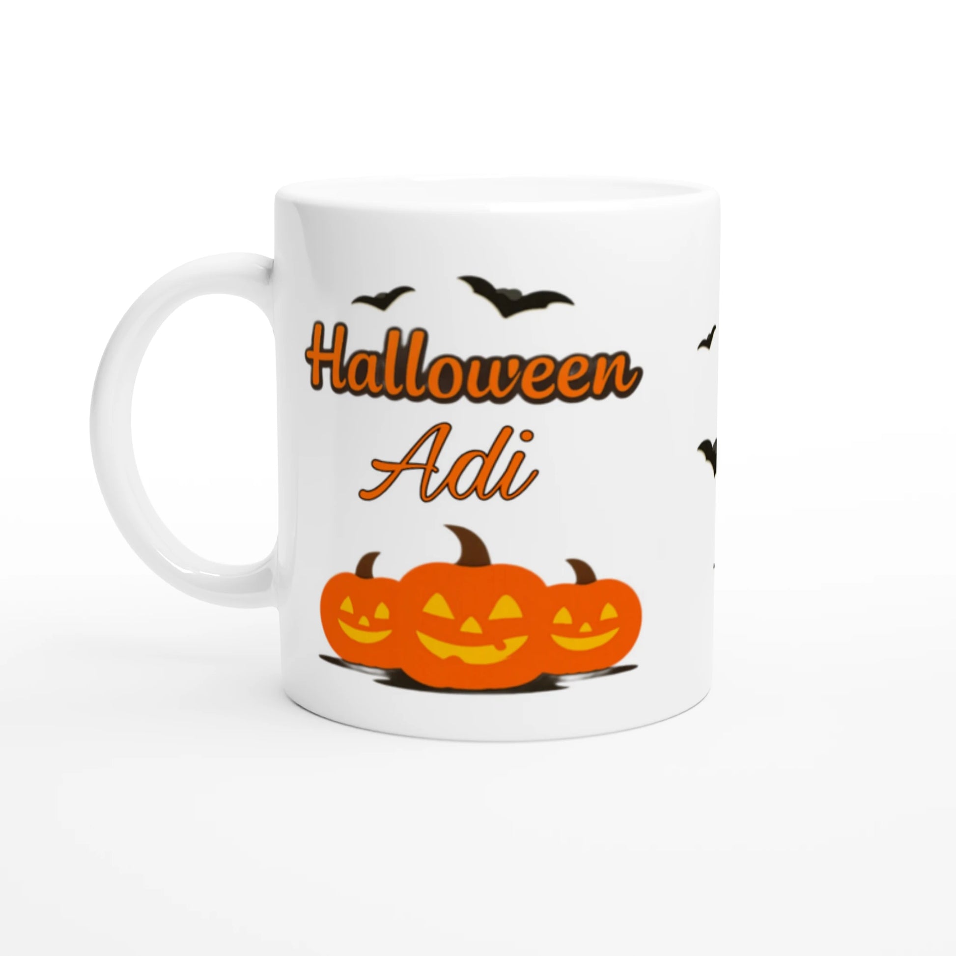 Cană Halloween personalizată cu numele Adi, ceramică 325ml, vedere laterală stânga