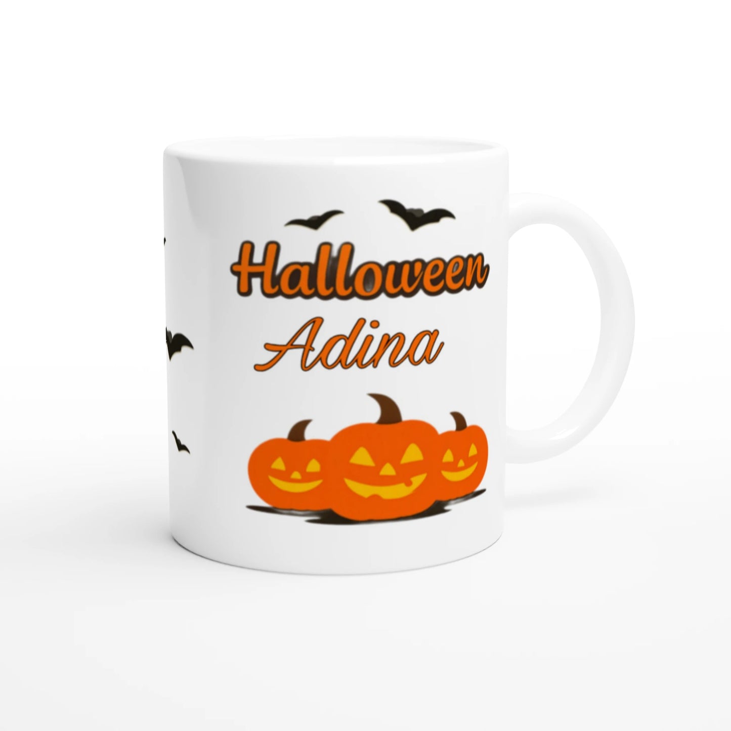 Cană Halloween personalizată cu numele Adina, ceramică 325ml, vedere laterală dreapta