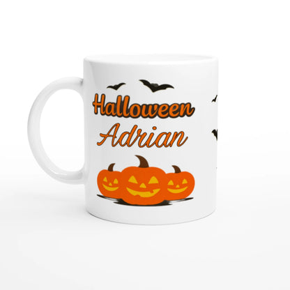 Cană Halloween personalizată cu numele Adrian, ceramică 325ml, vedere laterală stânga