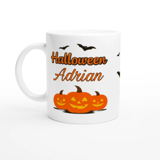 Cană Halloween personalizată cu numele Adrian, ceramică 325ml, vedere laterală stânga