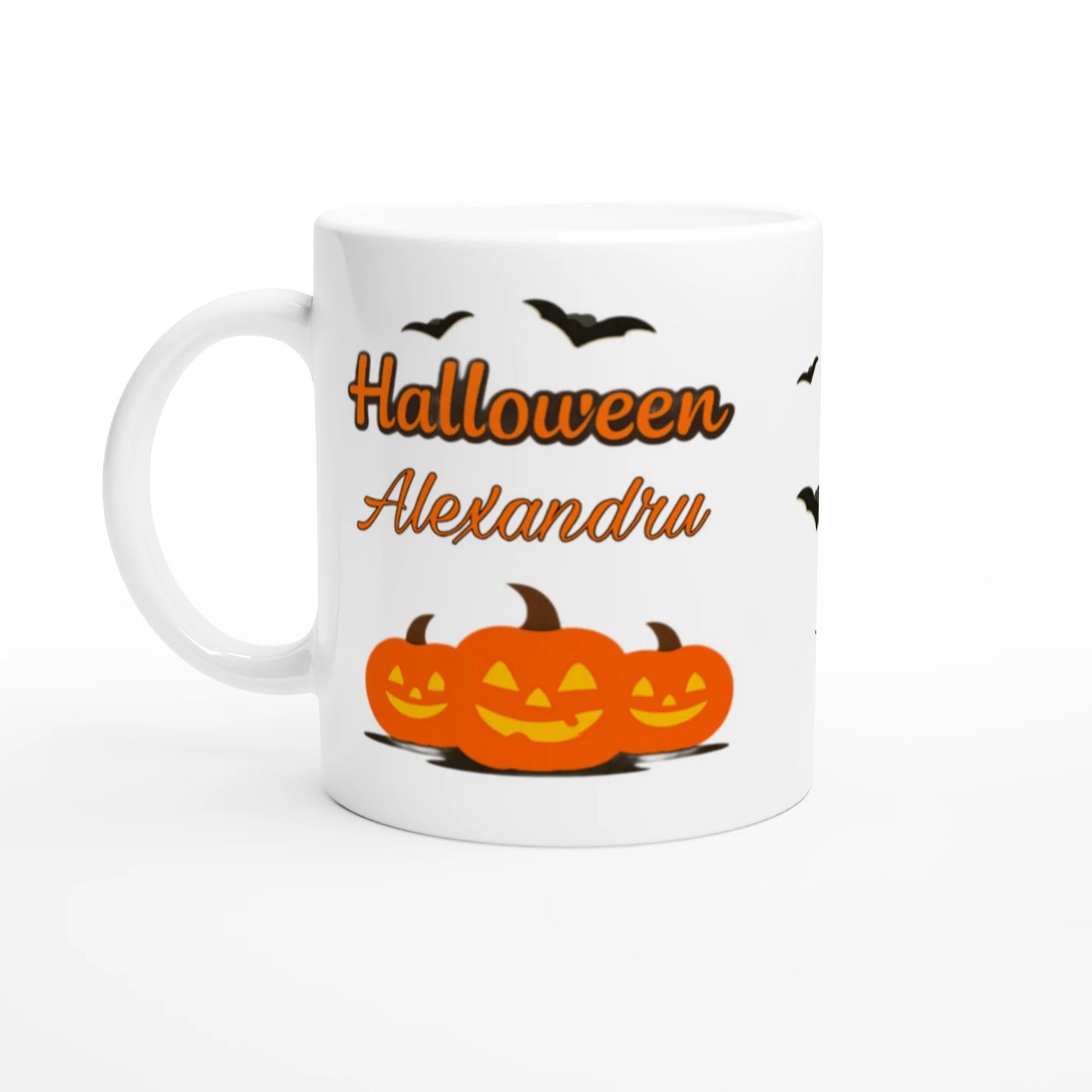 Cană Halloween personalizată cu numele Alexandru, ceramică 325ml, vedere laterală stânga