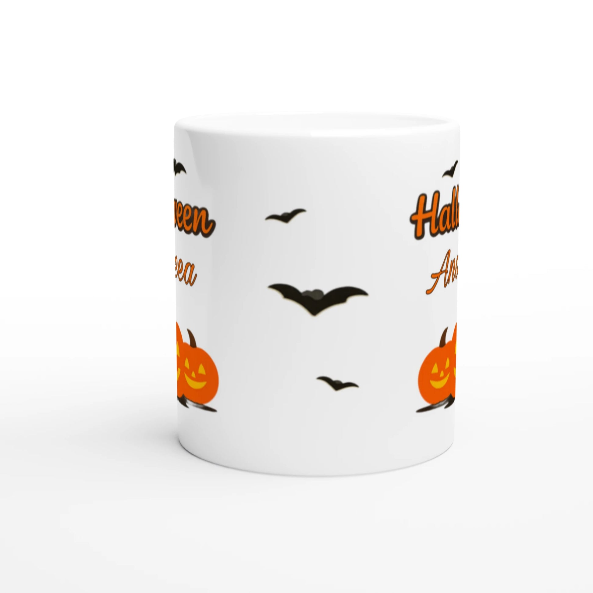 Cană Halloween personalizată cu numele Andreea, ceramică 325ml, vedere frontală