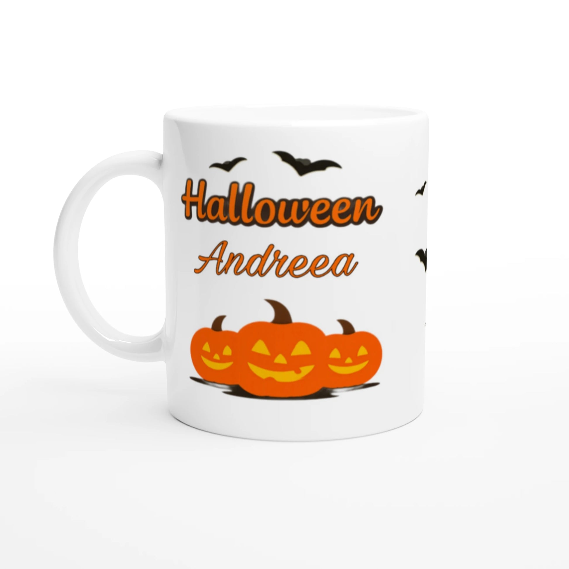 Cană Halloween personalizată cu numele Andreea, ceramică 325ml, vedere laterală stânga