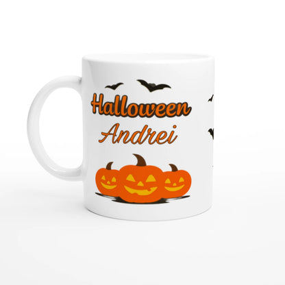 Cană Halloween personalizată cu numele Andrei, ceramică 325ml, vedere laterală stânga