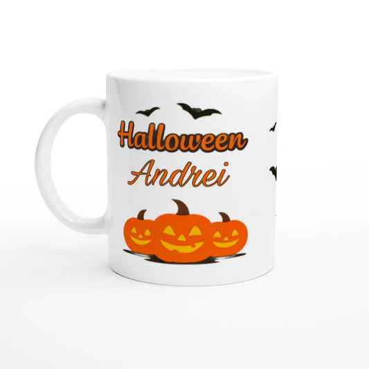 Cană Halloween personalizată cu numele Andrei, ceramică 325ml, vedere laterală stânga