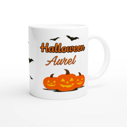 Cană Halloween personalizată cu numele Aurel, ceramică 325ml, vedere laterală dreapta