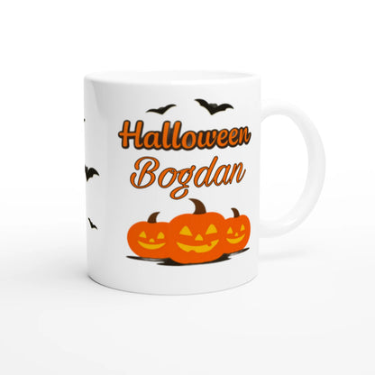 Cană Halloween personalizată cu numele Bogdan, ceramică 325ml, vedere laterală dreapta