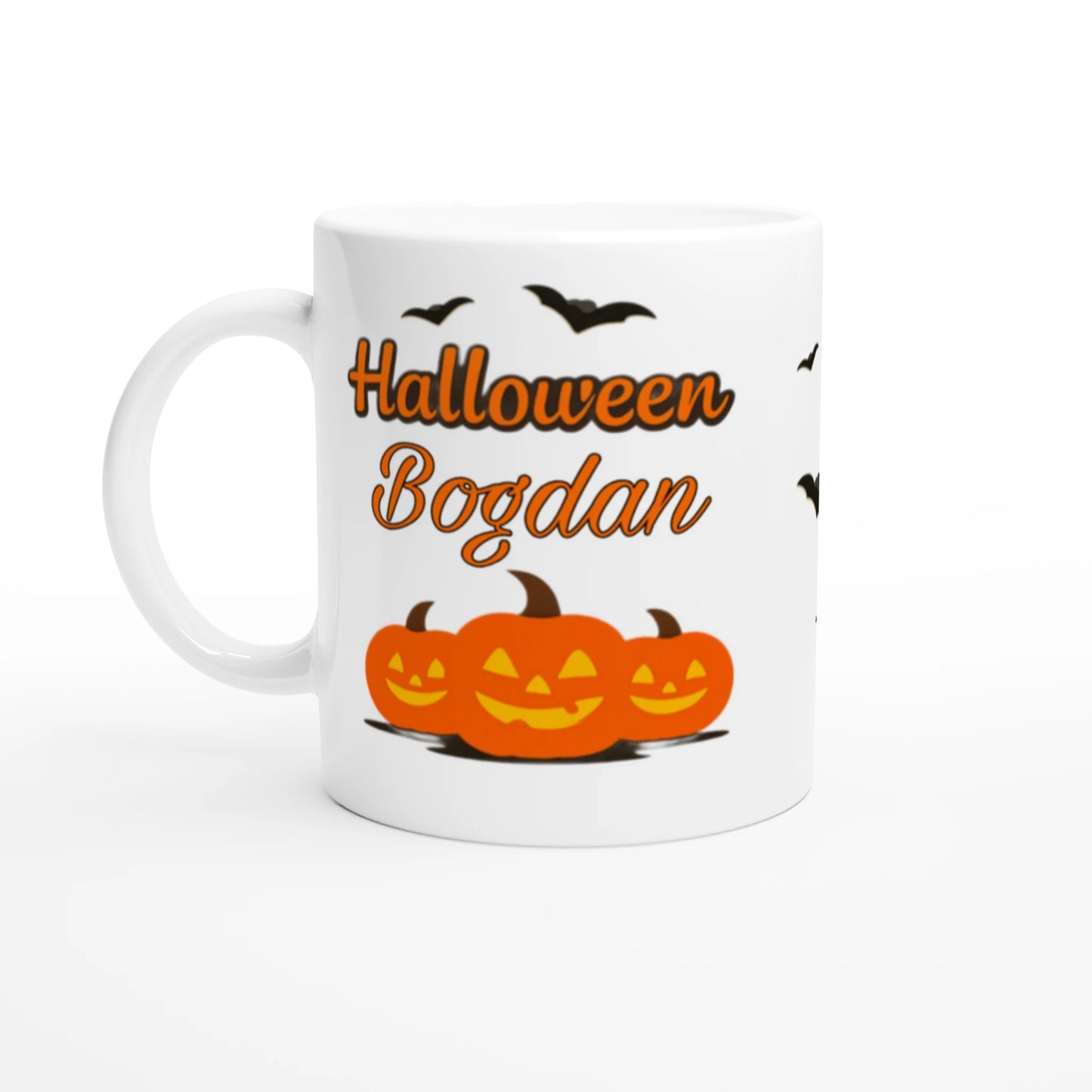 Cană Halloween personalizată cu numele Bogdan, ceramică 325ml, vedere laterală stânga