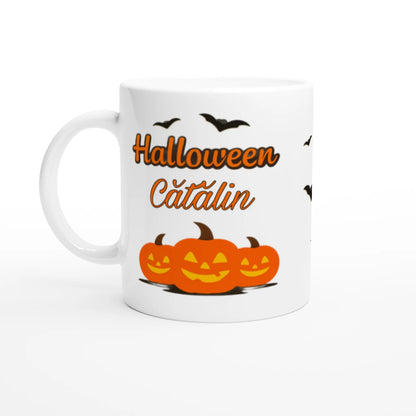 Cană Halloween personalizată cu numele Cătălin, ceramică 325ml, vedere laterală stânga