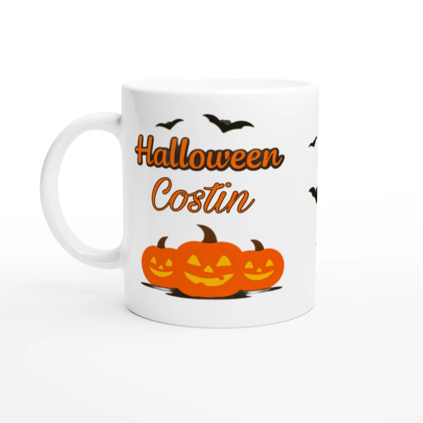 Cană Halloween personalizată cu numele Costin, ceramică 325ml, vedere laterală stânga