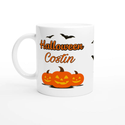 Cană Halloween personalizată cu numele Costin, ceramică 325ml, vedere laterală stânga