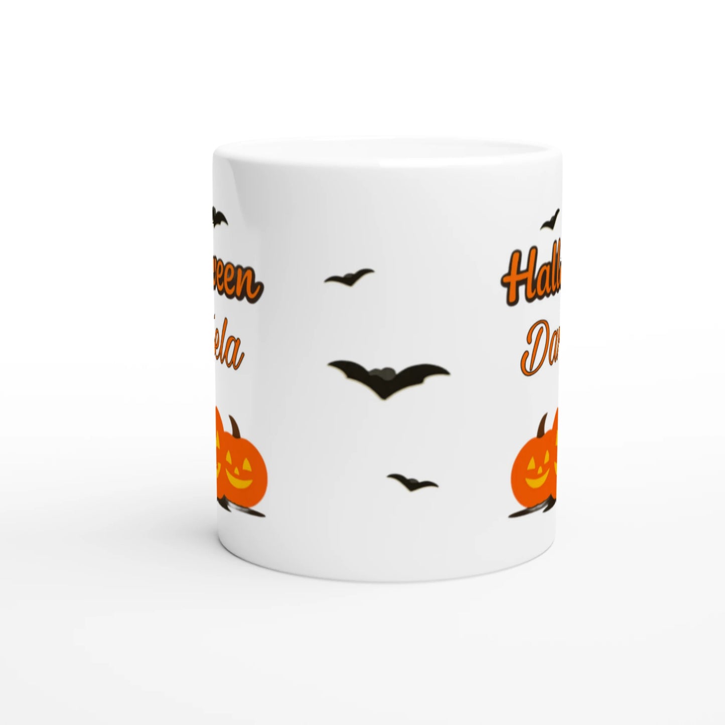 Cană Halloween personalizată cu numele Daniela, ceramică 325ml, vedere frontală