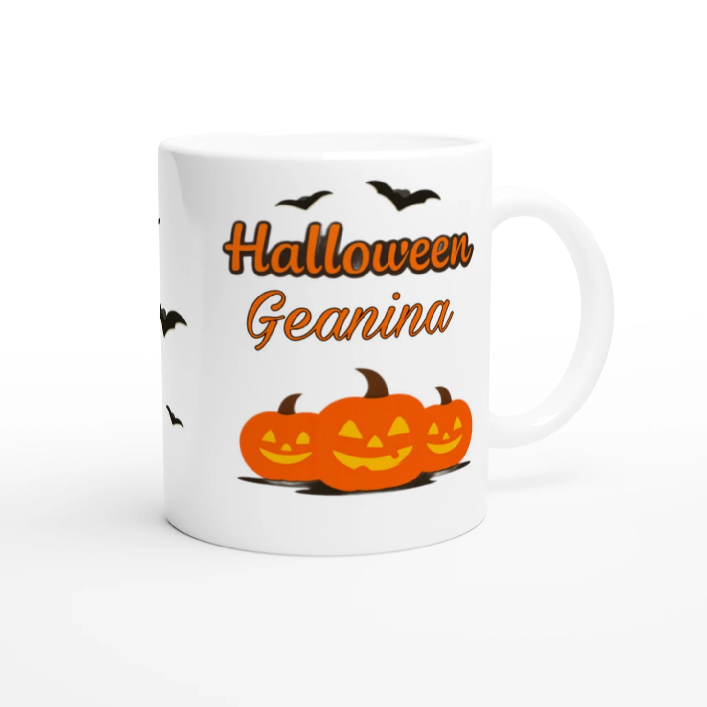 Cană Halloween personalizată cu numele Geanina, ceramică 325ml, vedere laterală dreapta