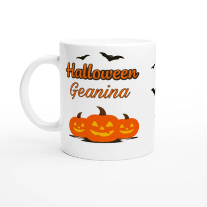 Cană Halloween personalizată cu numele Geanina, ceramică 325ml, vedere laterală stânga