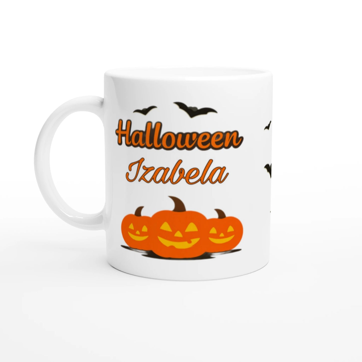 Cană Halloween personalizată cu numele Izabela, ceramică 325ml, vedere laterală stânga