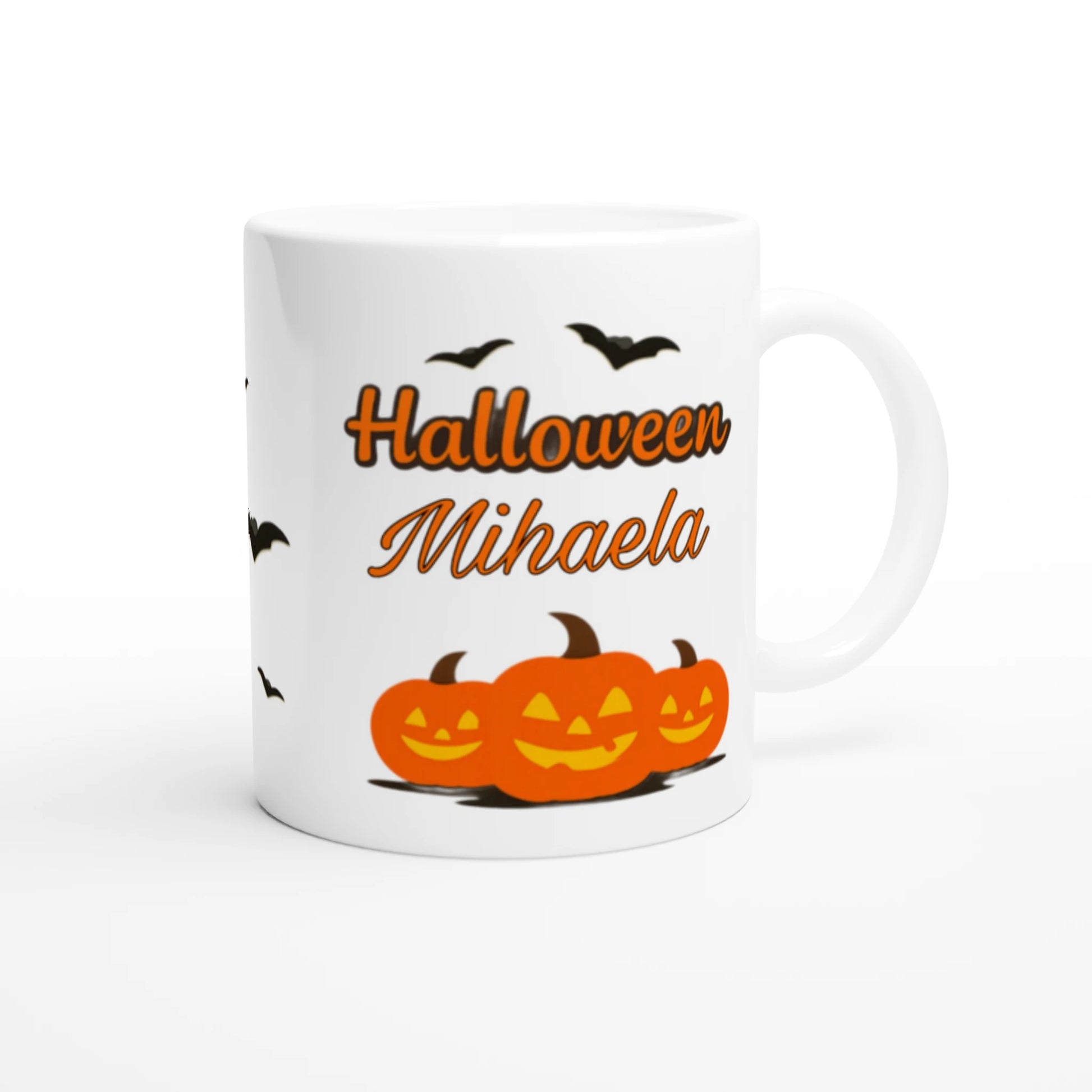 Cană Halloween personalizată cu numele Mihaela, ceramică 325ml, vedere laterală dreapta