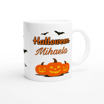 Cană Halloween personalizată cu numele Mihaela, ceramică 325ml, vedere laterală dreapta