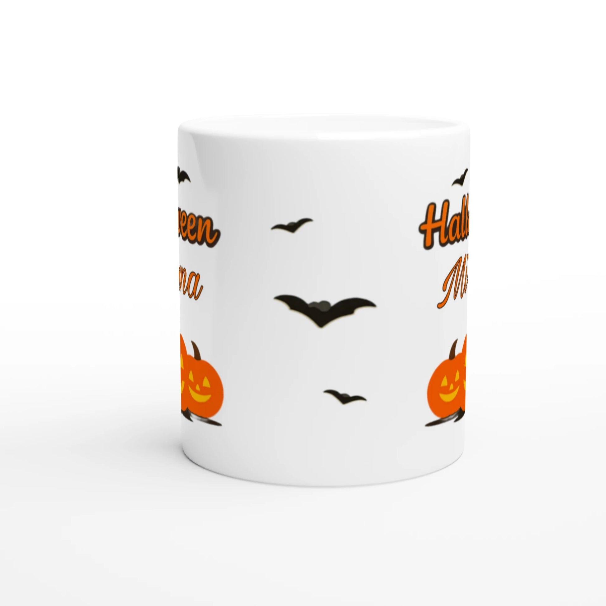 Cană Halloween personalizată cu numele Miruna, ceramică 325ml, vedere frontală