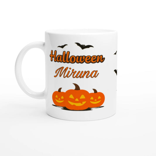 Cană Halloween personalizată cu numele Miruna, ceramică 325ml, vedere laterală stânga